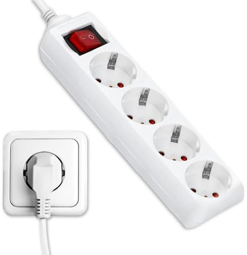 TECHZOCO Regleta Alargador con 4 Enchufes, Regleta de enchufes para el hogar, Base de enchufes schuko con Interruptor, MAX 3680W, 16A, 250V, H05VV-F 3G1m㎡, Blanco, Longitud del Cable 1.50 Metros