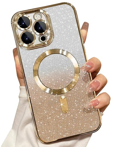 Misscase Magnetisch Hülle Kompatibel für iPhone 14 Pro Max, Glitzer Verlauf Handyhülle Kompatibel mit MagSafe, Stoßfest Anti-Kratzen mit Kamera Objektivschutz Niedliche TPU Schutzhülle-Golden