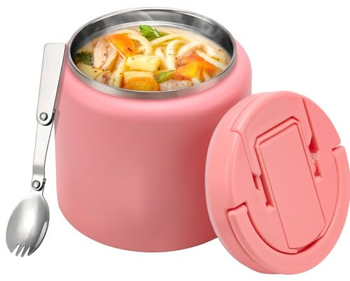 Itslife Termo para Comida 760ml, Recipiente Térmico para Comida Acero Inoxidable con Cuchara, Contenedor Térmico Fría y Caliente, Fiambrera Aislante para Picnic, Escuela y Oficina, Rosa