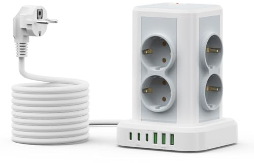 Steckdosenwürfel mit USB, AOUOO 8 Fach Steckdosenturm mit Verlängerungskabel 2M, 6 USB/Type-c (5V/3.8A), Max, Steckdosenleiste mit Schalter, Überspannungsschutz 3840W/16A für zu Hause, Büro Weiß