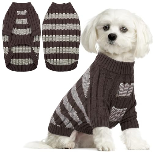 Hjumarayan Hundepullover Kleine Hunde - Pullover Hund mit Geschirrloch, Warm Hunde Strickpullover Winter mit Beinen, Pit-Streifen Hundepulli für Bichon Frisé, Mini-Dackel, Braun M