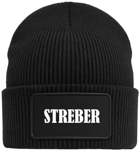 Huuraa Beanie Streber Schriftzug Geschenk | Black Geschenkidee Schwarze Rippstrick Wintermütze mit austauschbarem Klett Patch