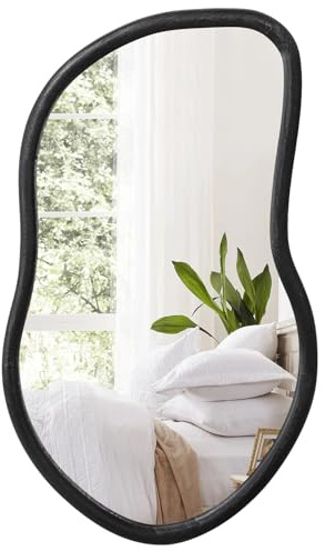 FEUFOAM Unregelmäßiger Wandspiegel aus Holz, asymmetrischer Wandspiegel, großer schwarzer Badezimmerspiegel, moderner dekorativer Spiegel für Wohnzimmer, Schlafzimmer, Eingangsbereich