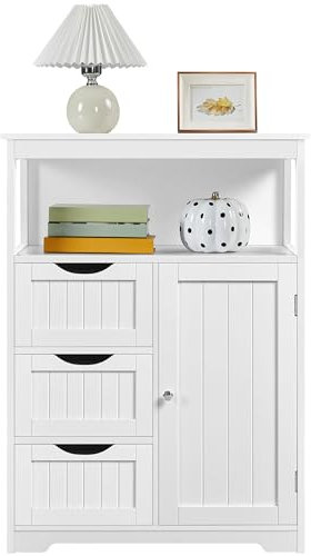 Yaheetech Bathroom Storage Cabinet Free-standing Floor Cabinets with Open Storage Shelf, Adjustable Shelf for Living Room Kitchen Entryway White, 66x35x90cm(LxWxH)
