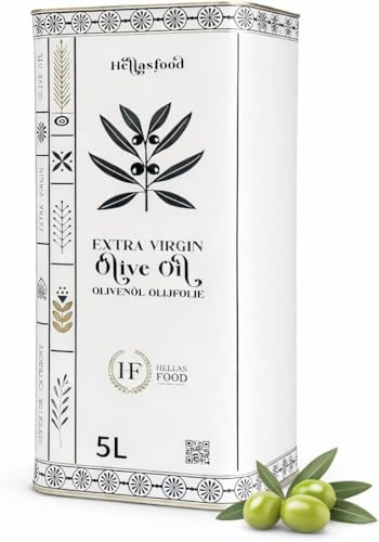 Hellas Food - Huile d’Olive 5L Extra Vierge - Pressée à Froid - Mélange Premium du Péloponnèse - Arôme Fruité - Riche en Antioxydants - Idéale pour Cuisine & Salades