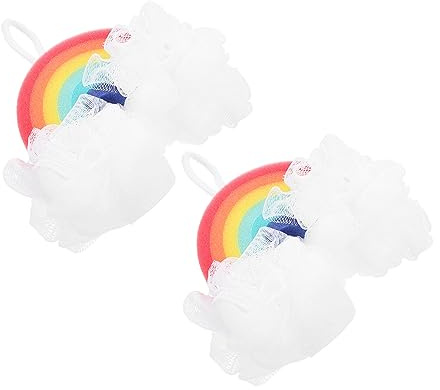 Veemoon 2 Stück Regenbogen Badebälle aus Schwamm mit Hautreinigung und Aufhängeband für Erwachsene und Kinder Peeling Badeschwamm Weich Langlebig