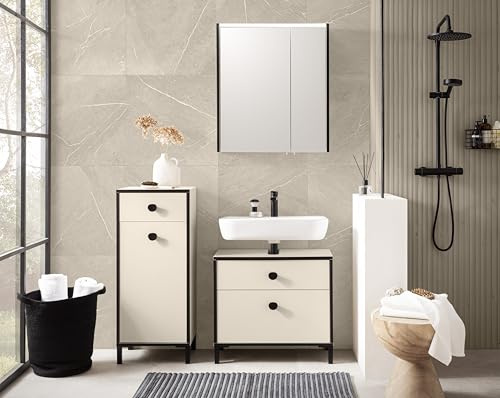 Schildmeyer Badmöbel-Set Edda 702055, Spiegelschrank, Waschbeckenunterschrank, Highboard, cremebeige