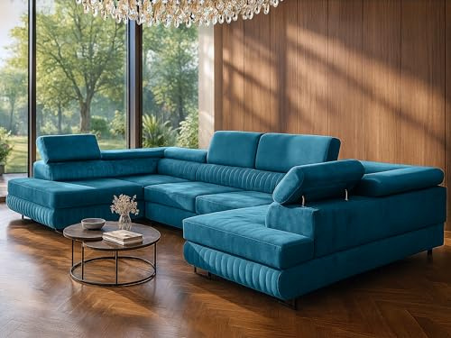 U-Form Ecksofa Magnum U, große Wohnlandschaft mit Schlaffunktion & 2 Bettkästen, wasserabweisend, pflegeleicht & haustierfreundlich, modernes Schlafsofa fürs Wohnzimmer (Türkis)
