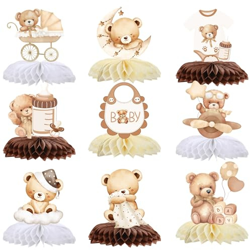 Oh Baby Babyparty Deko Bienenwaben - 9 StüCk Beige Glitzer Neutral Bienenwaben Mittelstück Geschlecht VerküNdung FüR Junge MäDchen Willkommen Zuhause Baby Shower Gender Reveal Party Dekoration