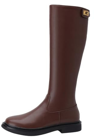 Mdrcg Stivali da Donna con Punta Tonda, Alti Fino al Ginocchio, con Cerniera, Tacco a Blocco, Caldi, Stivali Lunghi, Tacco Basso, Neri, Comodi Stivali da Equitazione,Marrone,8