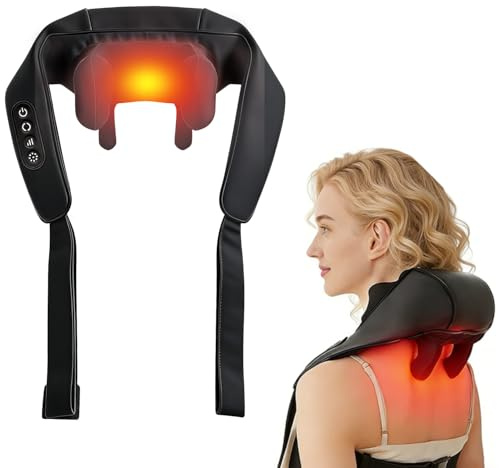 Massaggiatore per collo e spalle con calore, massaggiatore senza fili per schiena e collo, massaggio Shiatsu 6D per impastare tessuti profondi per spalle (Nero)