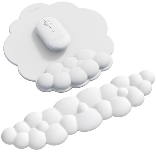 TECKNET Cloud Wrist Rest, Keyboard and Mouse Wrist Support Set (White) | Cloud-Shape Memory Foam, Waterproof PU Leather, Non-Slip Base, Ergonomic Comfort for Work, Typing & Gaming