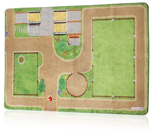 Little Lino Pferde Spielteppich Extra Weich - Reiterhof & Pferdestall Spielwelt - rutschfeste Spielmatte fürs Kinderzimmer 105 x 168 cm