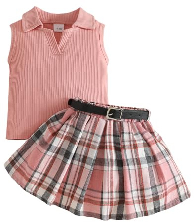 eqenkely Vestiti Set per Neonata Bambina Maglione Senza Maniche Top + Gonna Scozzese con Fascia 3 Pezzi Ragazze di Vestiti Outfit Rosa 3 anni