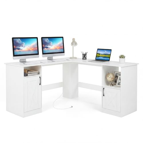 COSTWAY Schreibtisch L Form mit 2 Schränke, 150 x 150 x 76 cm Eckschreibtisch mit Ladestation & 4 offene Regale, Bürotisch aus Holz für für Arbeitszimmer, Büro & Homeoffice, Weiß
