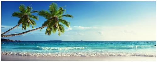 Wallario Küchenrückwand selbstklebend 115 x 50 cm, Motiv: Sandstrand auf den Seychellen - Urlaub unter Palmen | Spritzschutz abwischbar & pflegeleicht
