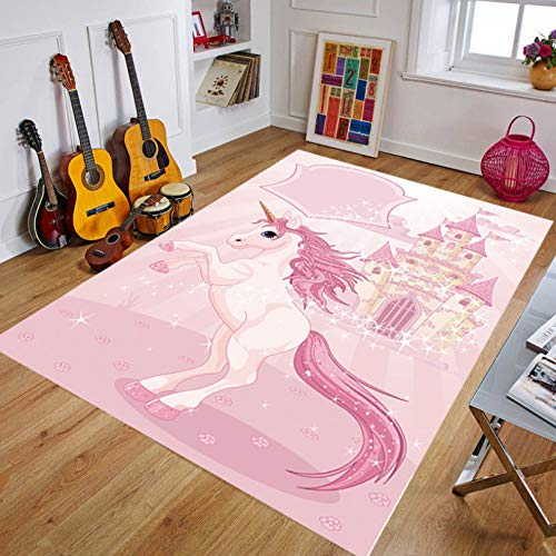 Rosa Einhorn Schloss Mädchen Prinzessin Zimmer Nachtteppich, Kurzflorige Polyester Rutschfeste Rückseite, Cartoon Kinder Teppich 80cmx150cm
