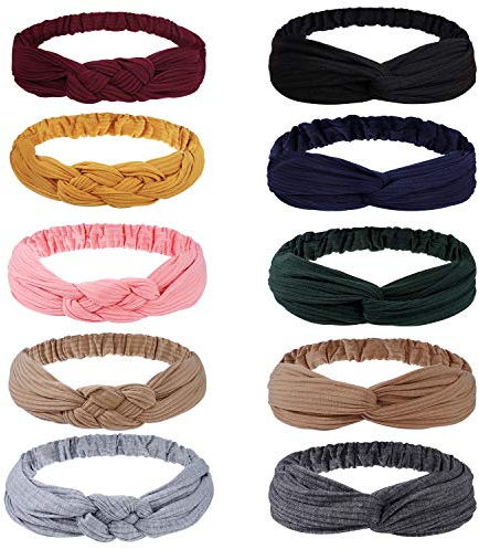 Twisted Criss Cross Stirnbänder, Elastische Weich Gestrickte Baumwoll Haarbänder für Frauen Mädchen, Winter Sport Turban Headwrap für Yoga, Pilates, Laufen, Radfahren (10 Stück)