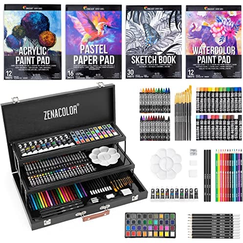 Zenacolor Malkoffer für Erwachsene (XXL) - Malset Holzkoffer 150-tlg. für Künstler - Komplettset Zeichnen und Malen - Pastellkreide, Acrylfarben, Wachsmalstifte, Aquarellfarben, Bleistifte- 4 Blöcke
