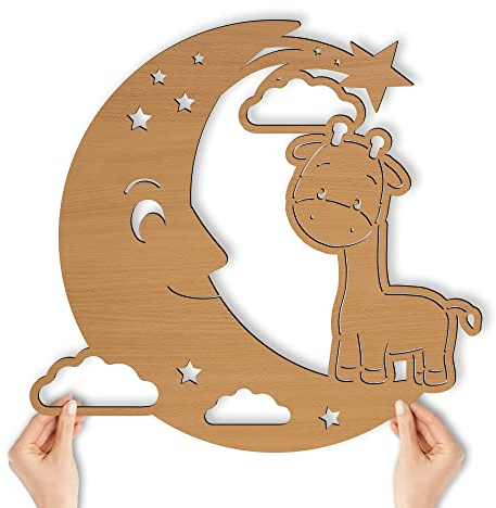 Wandlampe Mond Giraffe I Nachtlicht Schlummerlicht Kinderzimmer Kinder Mädchen Junge I MDF Holz Batteriebetrieb