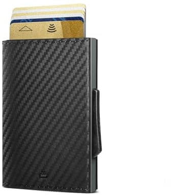 OGON Automatische Geldbörse aus Aluminium un Leder - Cascade Slim Wallet - RFID Blockierung - Bis zu 8 Karten und Banknoten (Platinium Carbon)