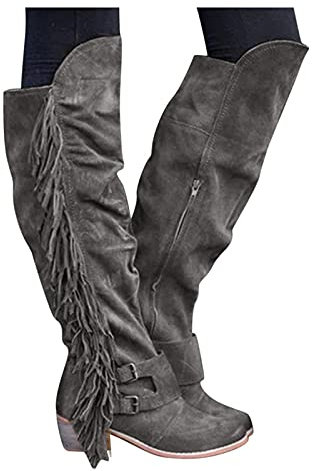 Stivali Donna Caldo Sopra il Ginocchio Sexy Stivali Cowboy Larghi Camoscio Vintage Western Boots Stivaletti Invernali con Tacco Curvy Pelle Stivali Alti Anfibi Morbidi Elasticizzati