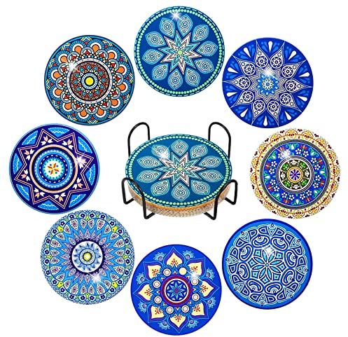 8 Stück Diamond Painting Untersetzer mit Halter, Diamond Painting, Wiederverwendbare DIY Blaues Mandala Tassenuntersetzer mit Diamanten und Montagewerkzeuge fur Tassen,Vasen, Kerzen Dekoratio