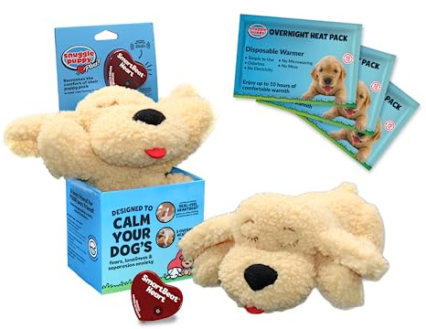 Snuggle Puppy Plus Dog Toys with 3 Heat Packs & New Motion Activated RealFeel Heartbeat. Puppy Toys for Anxiety Relief, Calming Aid, and Dog Comfort Toy for Behavioral Training. (Doodle)
