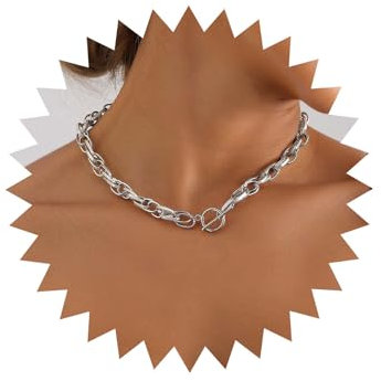 Atentuyi Punk Cuban Choker Silver Paperclip Toggle Necklace Chunky Link Chain Necklace Thick Twisted Rope Curb Necklace Short Collar Clavicle Necklace Jewelry for Women and Girls
