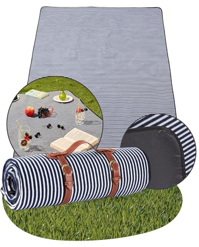 Haus Projekt Picknickdecke Wasserdich Marineblau Gestreifte, Weiche 200 x 150cm Stranddecke, Outdoor Picnic Blanket, Campingdeck Gerollt mit Tragegriff, Waschba Picnic mat, Wanderzubehör