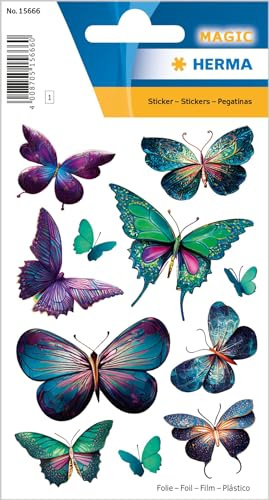 HERMA 15666 Aufkleber Schmetterlinge Glitzer klein groß, 11 Stück, Schmetterling Sticker in blau lila grün, Butterfly Etiketten für Fotoalbum Tagebuch Poesiealbum Scrapbooking Dekoration Briefe DIY