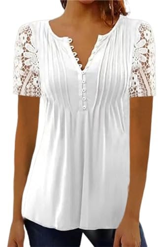 BISKAMY Tops for Women UK V Neck Summer Short Sleeve T-Shirt Lace Floral Printed Tunic Blouse Shirts Plus Size Casual Elegant Ladies Tops White