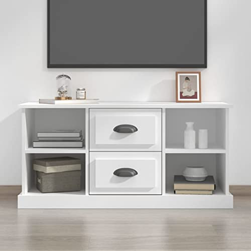 IKAYAA Mueble para TV 99,5x35,5x48 cm, Soporte para TV con 2 Cajones y 4 Estantes Abierto, Estilo Rústico, Soporte de TV, Mesa para TV de Salón, Blanco