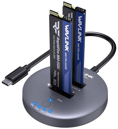 WAVLINK M.2 NVMe SSD Cloner, 10G Dual-Bay NVMe to USB-C/A Docking Station, Supports One-Click Offline-Clone, 2x8TB Capacity, UASP, Tool&Driver-Free, Design for SSDs in Size 2230/2242/2260/2280/22110