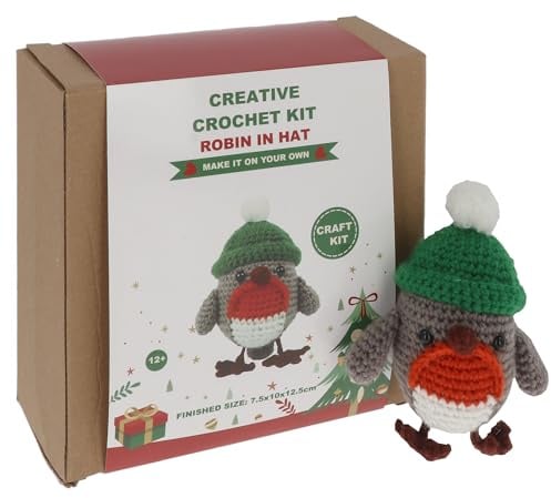 Shudehill Giftware Creative Crochet Kit for Adults – DIY Christmas Robin in a Hat Craft Set, Perfect for Beginners, Includes All Materials & Instructions for a Fun, Easy Crochet Project