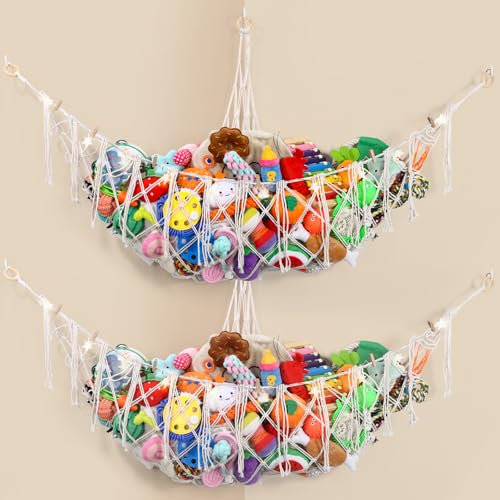 2er-Pack Kuscheltier Aufbewahrung Netz, Boho Makramee Stofftier Hängematte, Kinderzimmer Hängend Spielzeug Organizer für Plüschtiere und Teddybären