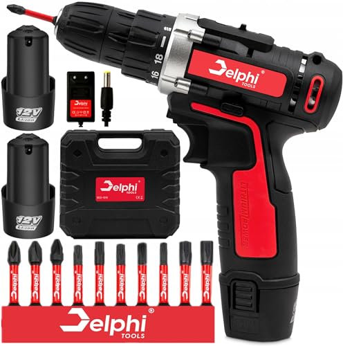 Delphi destornillador eléctrico y taladro inalámbrico de 12 V, con 2 baterías y cargador, control de par, velocidad variable, kit de accesorios 2 x 12 V 1,5 Ah, compacto para madera y metal