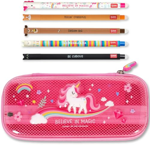 LEGAMI WonderWow Federmäppchen & radierbarer Stift | Set mit 5 niedlichen Tierstiften mit thermosensitiver Tinte + Federmäppchen mit 2 Fächern (Einhorn)
