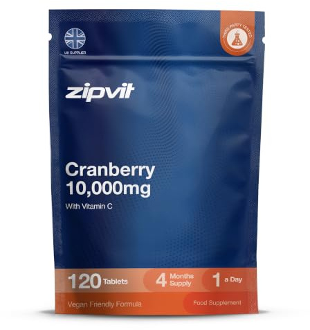 Zipvit Cranberry Tablets 10,000mg with Vitamin C - 4 Months Supply | 120 Tablets - Cranberry Extract For Women & Men - Supports Immunity - 3rd Party Tested - Vegan