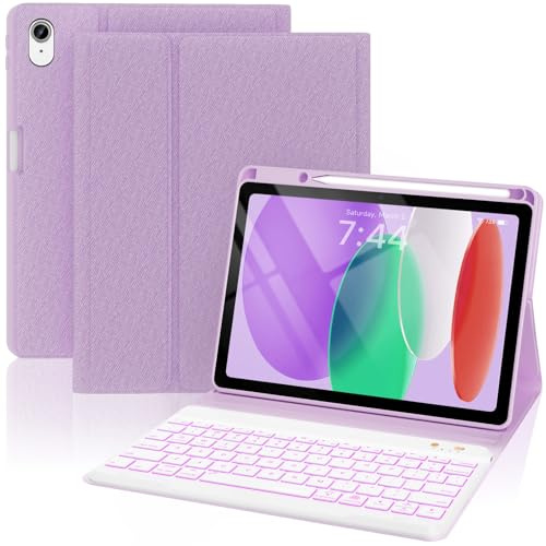 OYEEICE Hülle mit Tastatur für iPad A16 11 Generation 2025/10 Generation 2022 (11/10.9 Zoll), Vergrößerte Anti-Falloff Tastenkappen, 7 Farben Hintergrundbeleuchtung (Lila, Klassischer Stil)