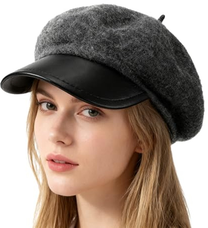 Andiker Baskenmütze Damen, Weiche Warme Mützen aus Wollmütze Mischung und PU Krempe Beret, Klassische Vintage Wintermütze Damen