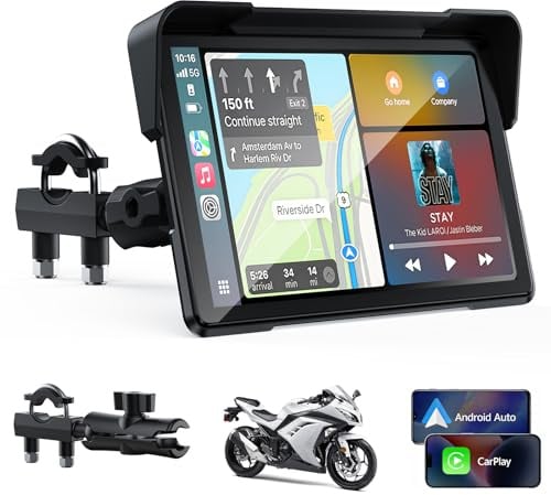 Volam Écran CarPlay pour Moto avec CarPlay et Android Auto sans Fil, 7 Pouces Écran Tactile Étanche IP67 avec Navigation GPS, Double Bluetooth, Siri/G00gle Assistant, Plug et Play