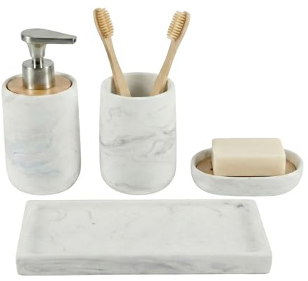 Set Bagno Resina 4 Pezzi, Dispenser, Bicchiere, Portasapone e Vassoio | Serie Marmo, Resina effetto pietra e bambù, pompa in lega di zinco, organizzatore completo, design moderno