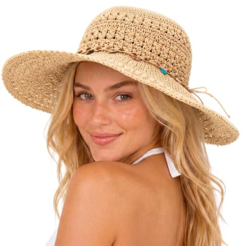 Comhats Sonnenhut Damen Sommer Strohhut Faltbar Handgemachter Strandhut UV-Schutz beige Medium