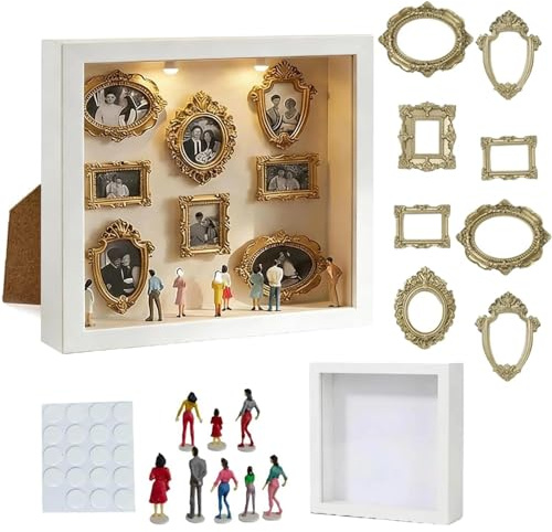Aoisyesbig DIY-Mini-Museums-Silhouettenbox Foto-Erinnerungsset:Bilderrahmen mit LED-Licht, 8 Mini-Goldrahmen 8 Figuren, Jubiläum, Hochzeit, Wohndekoration
