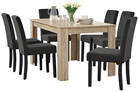 [en.casa] Esstisch in edlem und gekälktem Eichen-Design mit 6 Esszimmerstühlen in dunkelgrau - 140x90cm