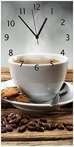 Wallario Design-Wanduhr Heiße Tasse Kaffee mit Kaffeebohnen aus Glas, Motiv-Uhr Größe 30 x 60 cm, Schwarze Zeiger