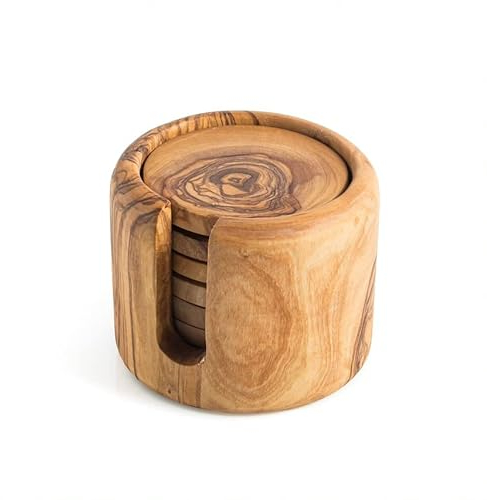 DARIDO Set Di 6 Vassoi In Legno Di Ulivo Tondi Con Supporto - Fatto A Mano - Fette Di Legno Tonde - Sottobicchieri Da Tavolo - Sottobicchieri Da Tazza - Sottobicchieri In Legno