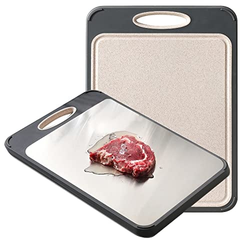 GUANCI Cutting Board for Kitchen Double Sided 304 Stainless Steel Chopping Board Food-Grade Stainless Steel and Wheat Straw PP Large Size 16”×11” Easy to Clean