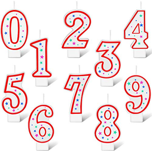 Nuanchu 10 Pcs Number Birthday Candles 0-9, Polka Dot Star Toppers,Red
